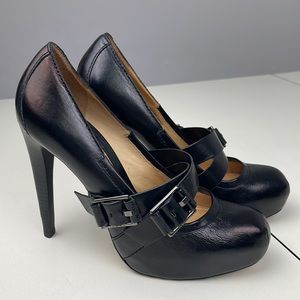 L.A.M.B. Finsbury Black Leather Heels with Buckle Detail size 7